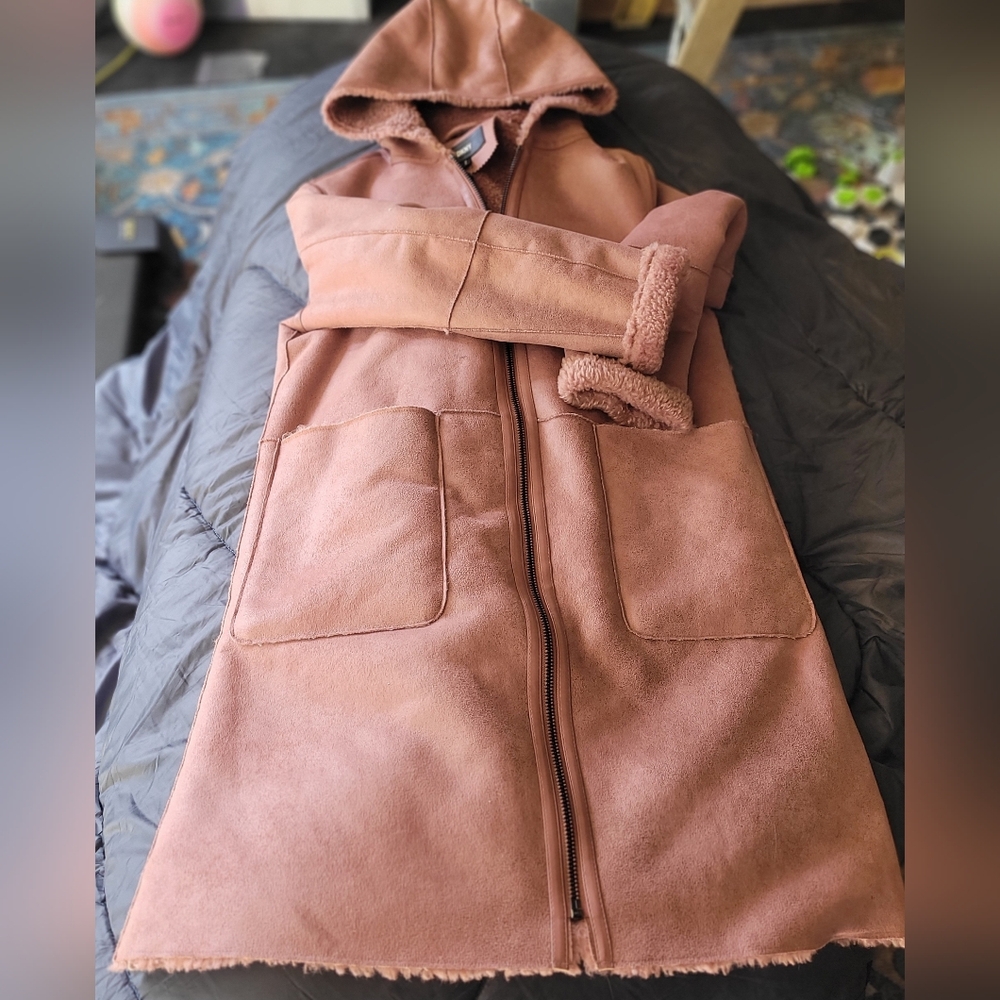 NWT-Women's Hooded Faux-shearling Coat In Rosewood Dkny New York